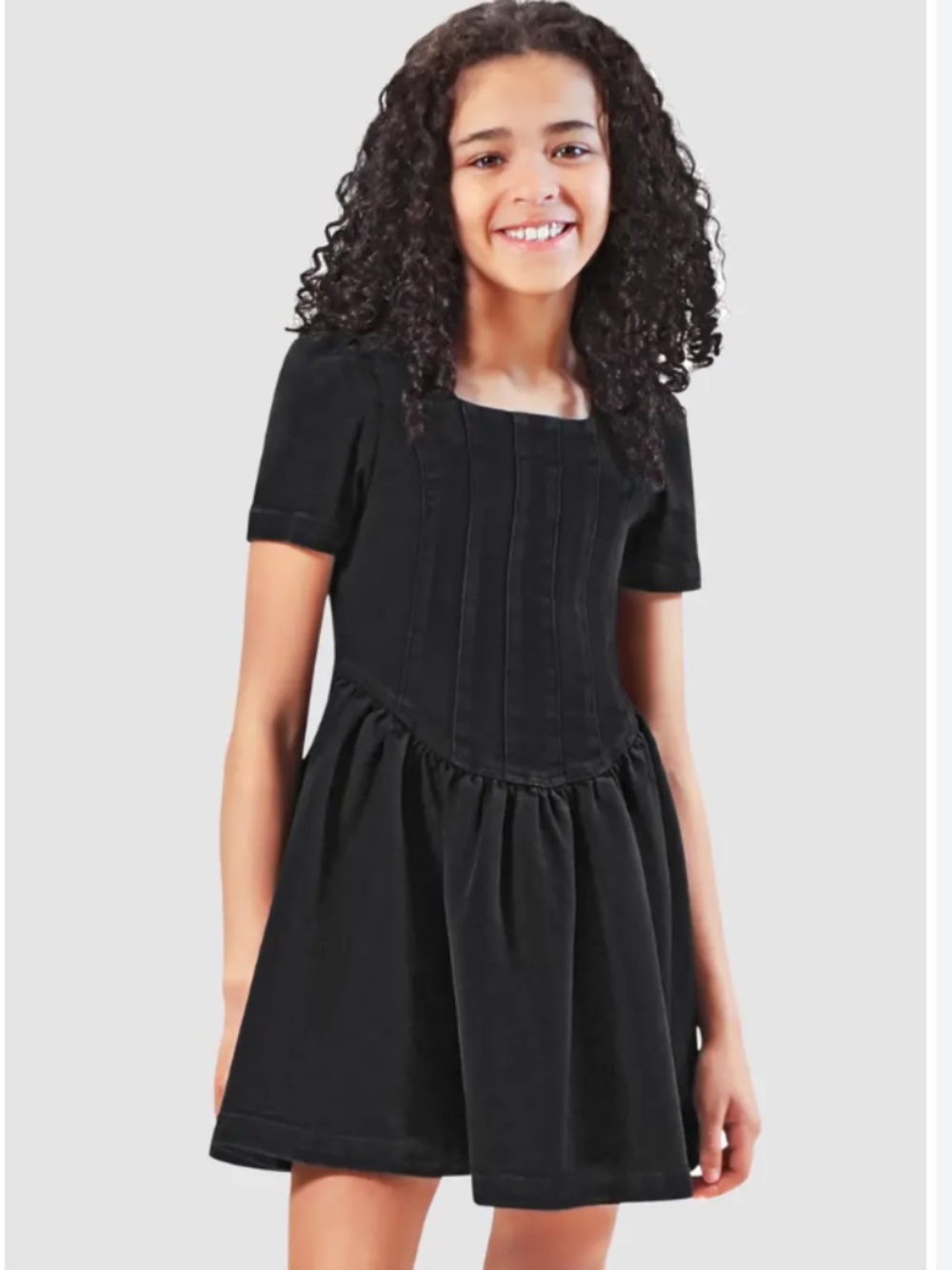 HABITUAL Kids Black Denim Drop-Waist Puff Sleeve Dress Size 10